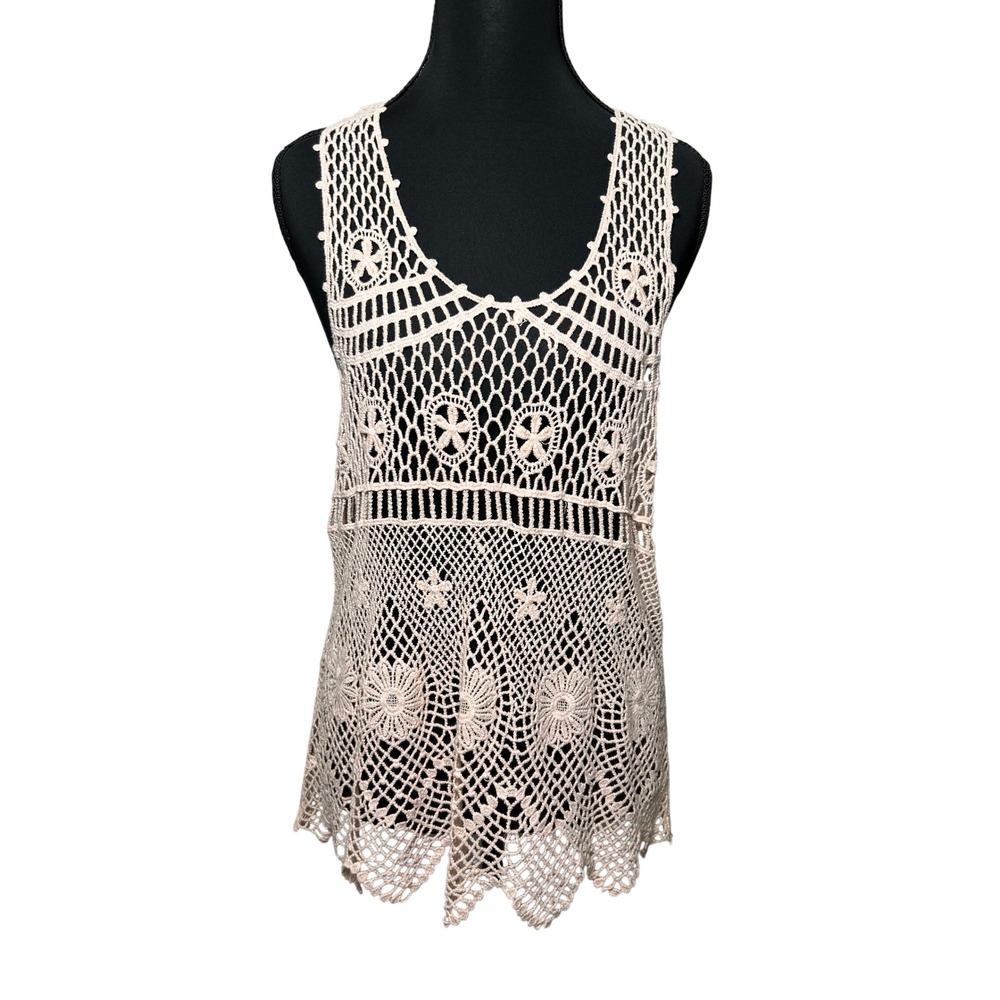 Women Crochet Open Knit Tank Cover Up Boho Scalloped Hem Small Cottage Spring
